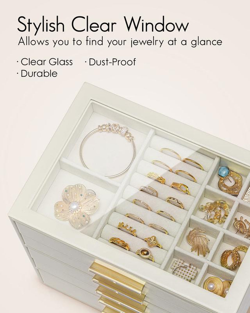 Christmas Gifts|Vlando Jewelry Box for Women Girls,Jewelry Organzier,5 Drawers,Glass Lid Jewelry Organizer Storage for Gem Diamond Necklaces Rings Earrings Bracelets
