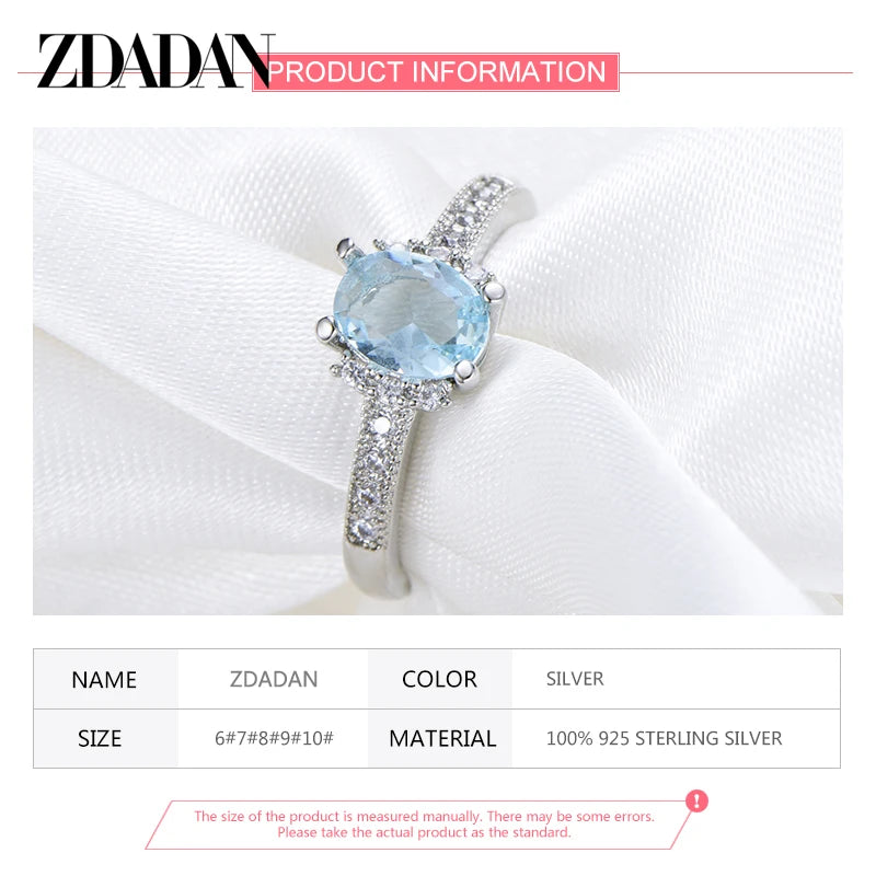 925 Sterling Silver Charm Aquamarine Ring for Women Fashion Wedding Jewelry Engagement Party Gift