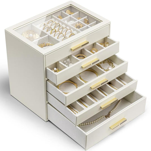 Christmas Gifts|Vlando Jewelry Box for Women Girls,Jewelry Organzier,5 Drawers,Glass Lid Jewelry Organizer Storage for Gem Diamond Necklaces Rings Earrings Bracelets