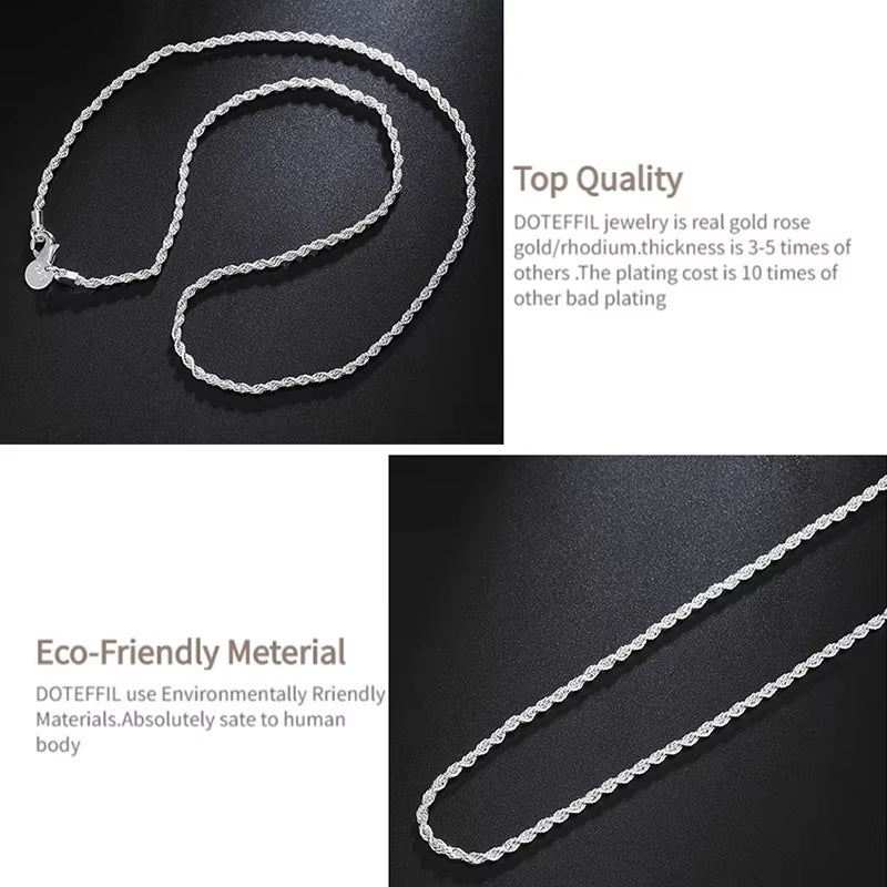 925 Sterling Silver 16/18/20/22/24 Inch 2Mm Flash Twisted Rope Necklace for Women Man Fashion Wedding Charm Jewelry